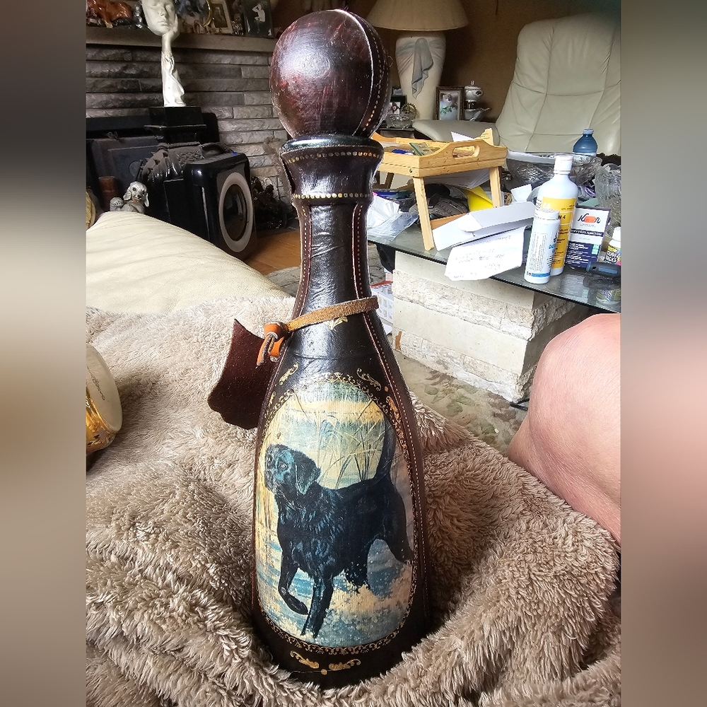 Vintage Leather Decorative Bottle with Lab/Pointer Dog Design